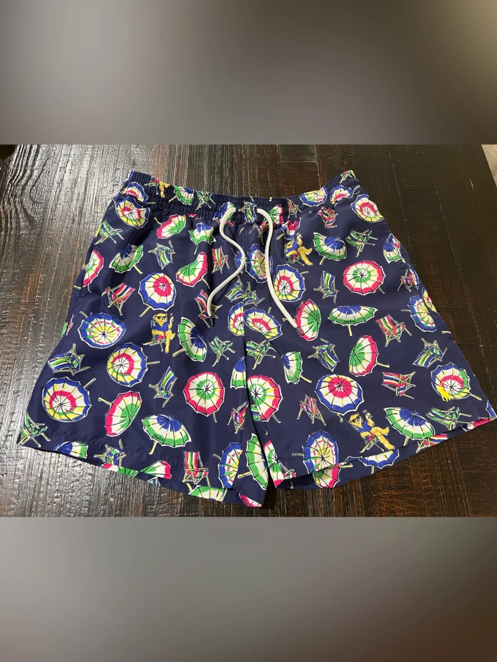 Polo Ralph Lauren Mens L Swim Trunks Polo Bear Beach Umbrella Navy Shorts